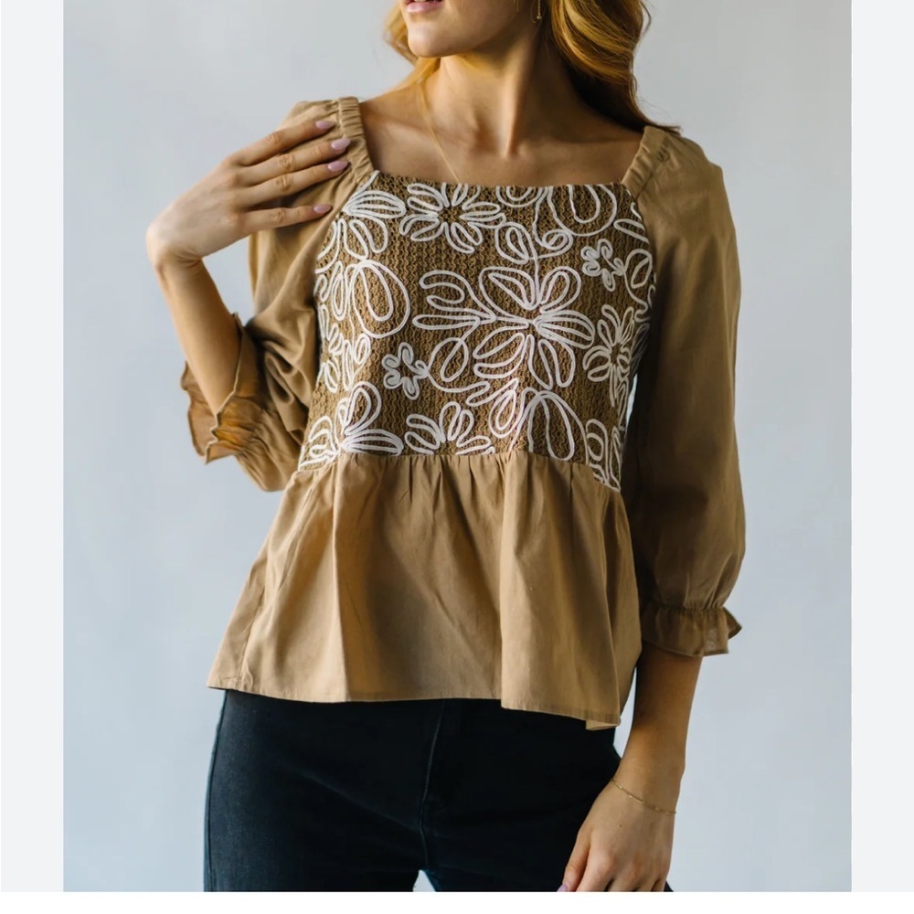 Hayden Tan and White Smocked Ruffled Blouse